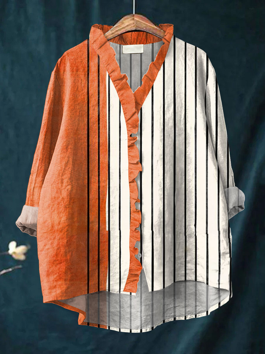 Women's Vintage Abstract Geometric Art Print Casual Cotton And Linen Ruffle Shirt