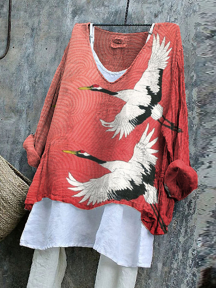 Japanese Ukiyoe Flying Crane Art V Neck Casual Shirt