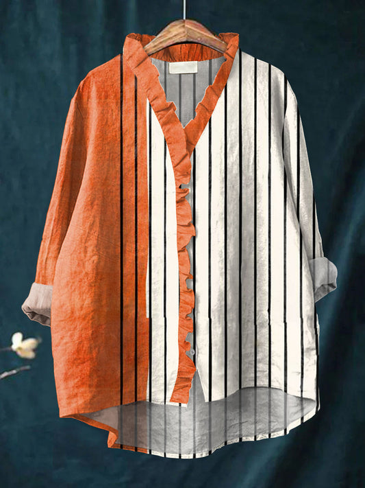 Women's  Vintage Abstract Geometric Art  Print Casual Cotton And Linen Ruffle Shirt