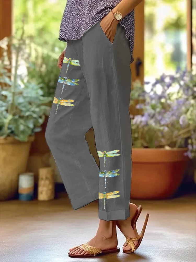 Women's Watercolor Dragonfly Print Casual Pants