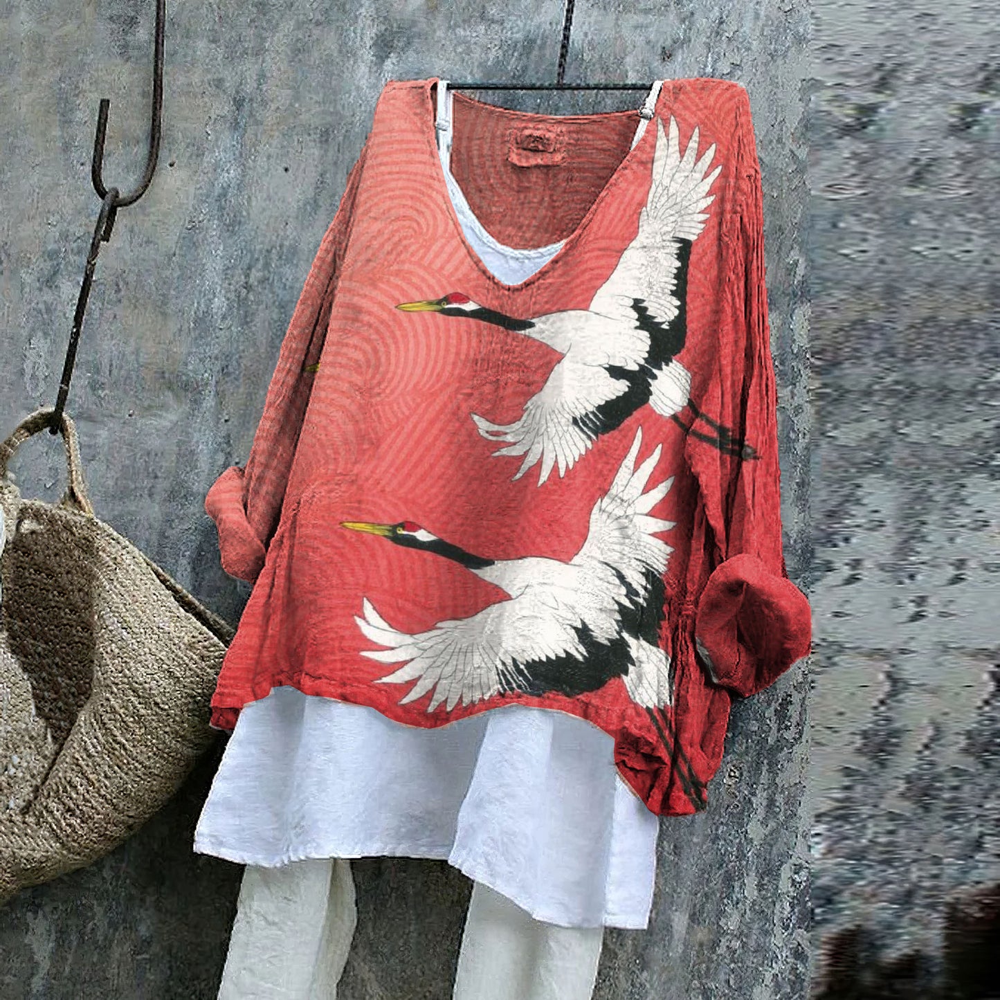 Japanese Ukiyoe Flying Crane Art  V Neck Casual Shirt